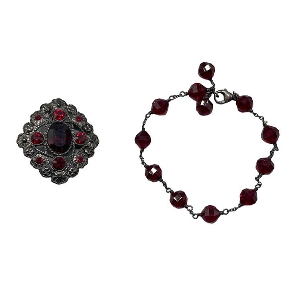 Costume Jewelry Pin brooch red stones bracelet set in metal 1 1/2" long READ - Picture 1 of 7